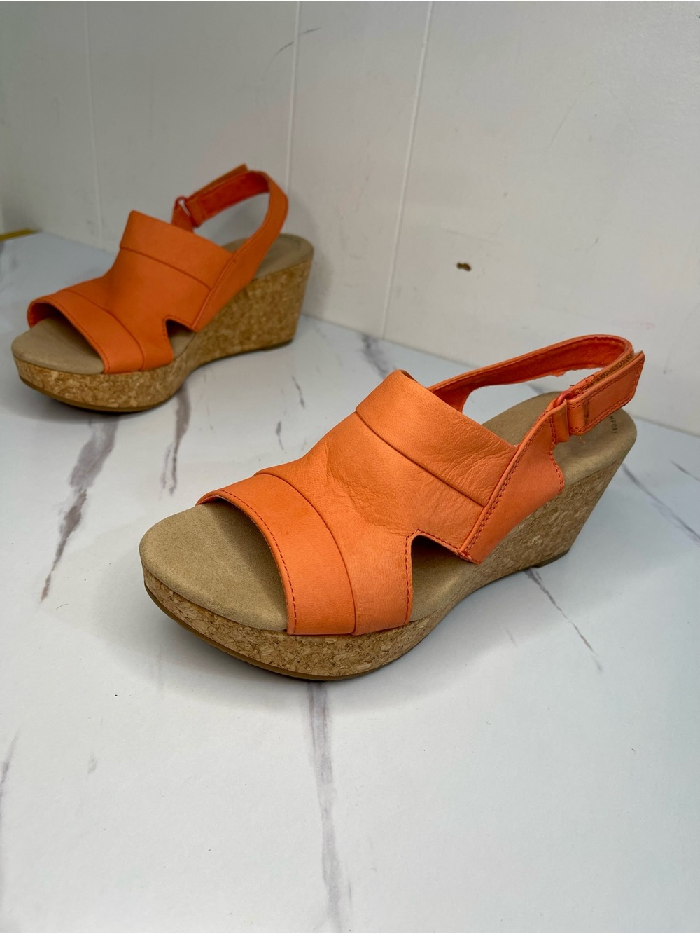Clarks annadel bari platform, Orange nubuck, 8M Cork Wedge Slingback Sandal